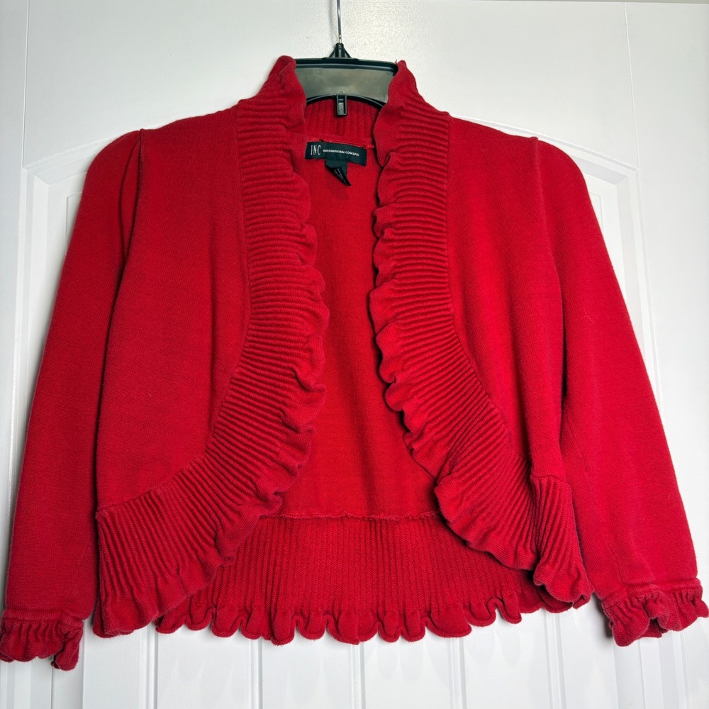 INC Cardigan Sweater Womens M Red Ruffle Trim Open Front Cropped Cotton Knit